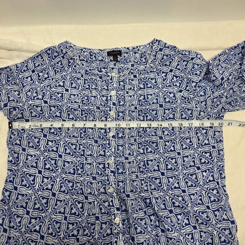 SOLD  Talbots Woman Medium Tunic Blouse Blue 3/4 Sleeve Button Front Boho Cotton - Picture 10 of 16